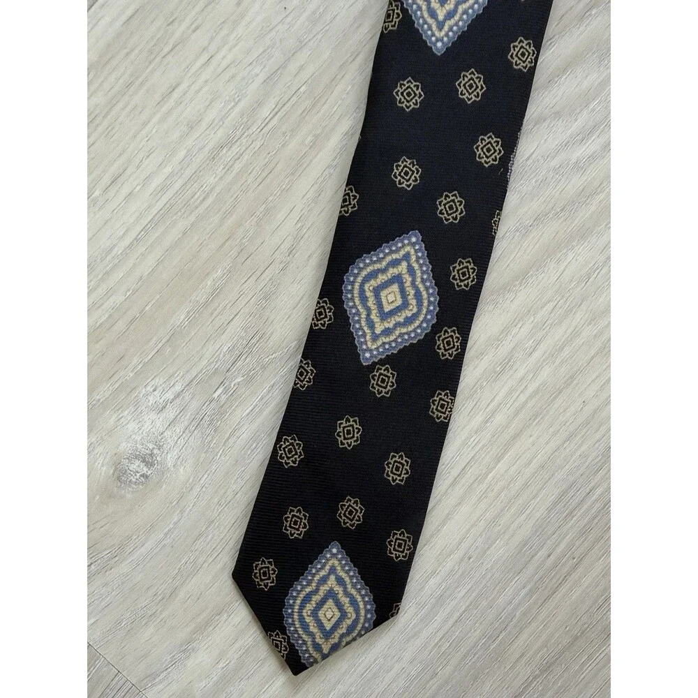 Vintage Chaps Ralph Lauren Men Silk Geometric Tie Black Blue Gold Pointed Woven